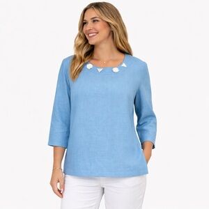 Weekend Choices Women’s 100% Linen Light Blue 3/4 Length Sleeved Top Size Medium